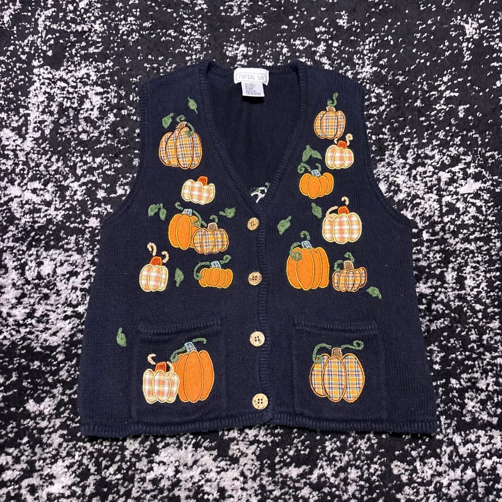 Vintage Mandal Bay Navy Blue Pumpkin Patch Knit Cardigan Vest Medium Fall